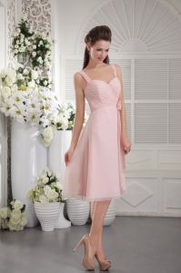 Pink A-Line / Princess Straps Tea-length Chiffon Hand Flower Bridesmaid dresses