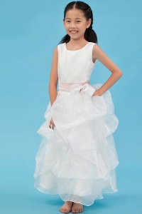 White A-line Scoop Ankle-length Organza Sash Flower Girl Dress