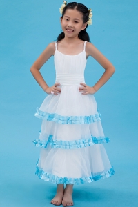White A-line Straps Ankle-length Organza Ruch Flower Girl Dress