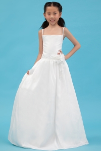 White A-line Straps Floor-length Taffeta Hand Made Flowers Flower Girl Dress