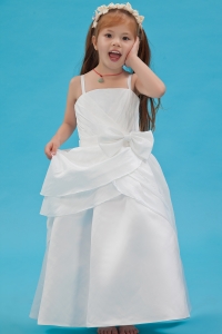 White A-line Straps Floor-length Taffeta Sash Flower Girl Dress