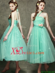 Discount Halter Top Bridesmaid Dress with Appliques and Hand Made Flowers