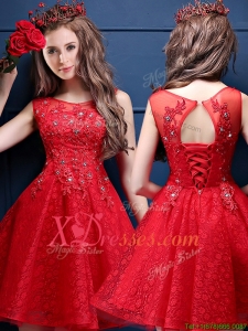 Classical Scoop Red Bridesmaid Dress with Appliques and Beading