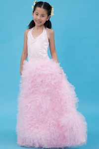Baby Pink A-line Halter Floor-length Tulle Beading Flower Girl Dress
