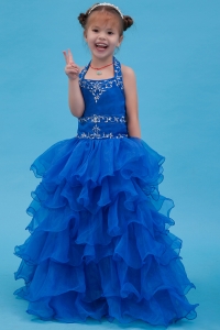 Blue A-line Halter Floor-length Organza Appliques Flower Girl Dress