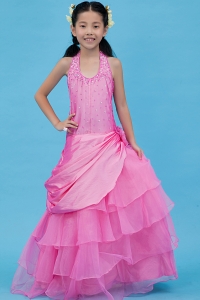 Rose Pink A-line Halter Floor-length Organza and Taffeta Beading Flower Girl Dress