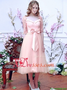 Comfortable Square Half Sleeves Bowknot Bridesmaid Dress in Baby Pink