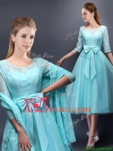 Romantic Aqua Blue Scoop Half Sleeves Bridesmaid Dress with Bowknot