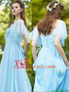 See Through Bateau Short Sleeves Bridesmaid Dress with Appliques