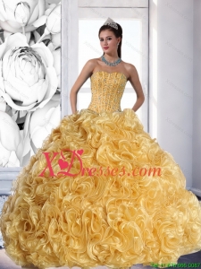 Unique Strapless Gold 2021 Sweet Sixteen Dresses with Beading and Rolling Flowers