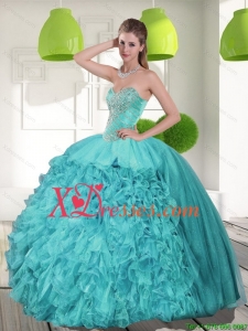 Unique Beading and Ruffles Strapless Aqua Blue Quinceanera Dresses for 2021