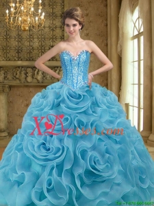 Custom Made Beading and Rolling Flowers Baby Blue 2021 Quinceanera Dresses