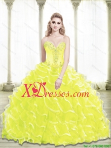 Custom Made Sweetheart Beading and Ruffled Layers Yellow Quinceanera Dresses