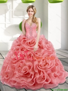 Designer Beading and Rolling Flowers 2021 Watermelon Quinceanera Dresses