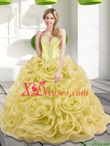 2021 Designer Beading and Rolling Flowers Gold Quinceanera Dresses