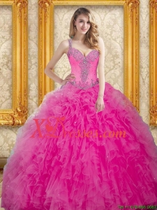 Designer Hot Pink Dress for Quinceanera with Beading and Ruffles