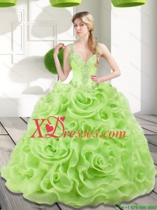 Unique Beading and Rolling Flowers Spring Green 2021 Quinceanera Dresses