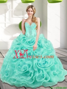 Unique Beading and Rolling Flowers 2021 Quinceanera Dresses in Aqua Blue