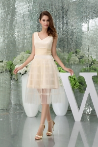 A-line V-neck Short Champagne Tulle Prom Dress