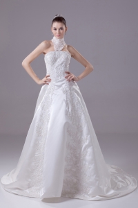 Appliques High Neck Taffeta Wedding Dress with Court Train