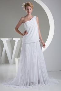 One Shoulder Pleats Brush Train A-line Wedding Dress