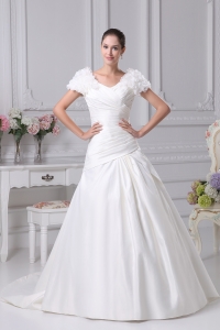 Ruching A-Line V-Neck Court Train Wedding Dress with Short Sleeves