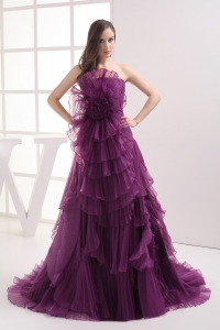 A-line Purple Strapless Ruffles Organza Prom Dress