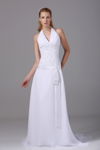 Halter Top Column Chiffon Appliques And Ruch Wedding Dress