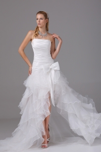 High-low Strapless Ruching Bow Organza Wedding Dress