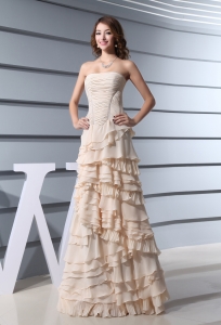 A-Line Strapless Ruffled Layers long 2019 Prom Dress in Champagne