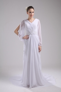Column V-neck Ruching Long Sleeves Wedding Dress