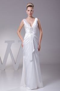 V-neck Beading Long Wedding Dress With Column