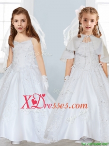 Popular Spaghetti Straps Satin Flower Girl Dress with Lace and Beading
