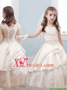 Fashionable Bateau Cap Sleeves Champagne Flower Girl Dress with Lace and Belt