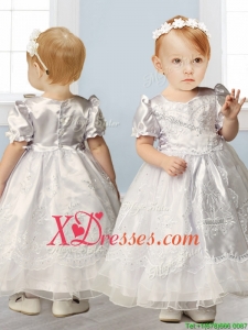 Popular Scoop Short Sleeves Flower Girl Dress with Beading and Appliques