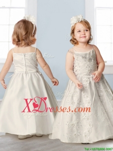 Perfect Spaghetti Straps Beading and Appliques Flower Girl Dress in Champagne