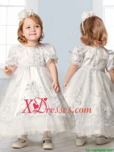 Discount Scoop Short Sleeves Flower Girl Dress with Embroidery and Lace