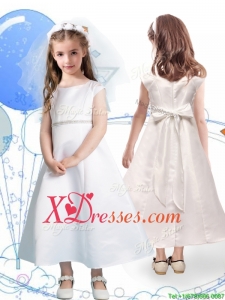 Modest Scoop Cap Sleeves Satin Flower Girl Dress with Sashes