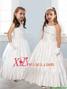Discount Asymmetrical Neckline White Flower Girl Dress with Appliques