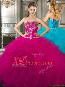 Affordable Beaded and Ruffled Fuchsia Sweet 16 Dress in Tulle