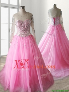 See Through Scoop Long Sleeves Quinceanera Dress with Beading