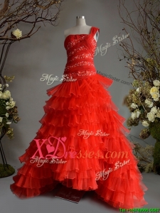 Custom Made Fashionable One Shoulder A Line Red Quinceanera Dress with Beading and Ruffled Layers