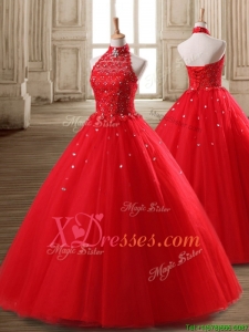Custom Made Fashionable Halter Top Beaded Tulle Quinceanera Dress in Red