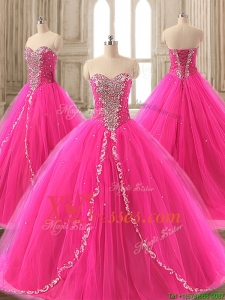 Custom Made Elegant Beaded Hot Pink Sweet 16 Gown with Brush Train