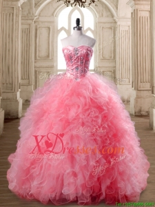 Luxurious Watermelon Red Sweet 16 Dress with Beading and Ruffles
