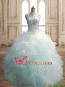 See Through Scoop Light Blue Quinceanera Dress with Beading and Ruffles
