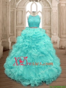 Sweet Two Piece Scoop Mint Quinceanera Dress with Beading and Ruffles