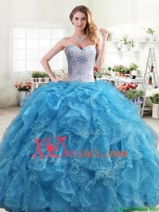 Exquisite Beaded and Ruffled Quinceanera Dress in Aqua Blue
