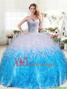 Cheap Beaded and Ruffled Quinceanera Dress in Blue and White
