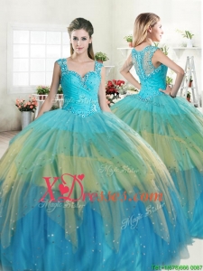 Unique Straps Beaded and Ruffled Layers Quinceanera Dress in Multi Color